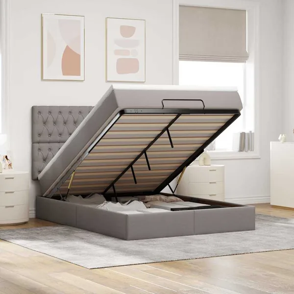 Cadre de lit ottoman avec matelas taupe 140x190 cm tissu