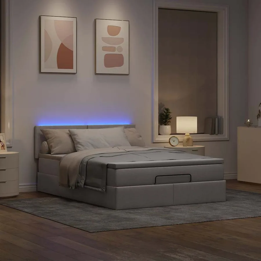 Lit ottoman avec matelas et LED taupe 140x190 cm tissu - 3