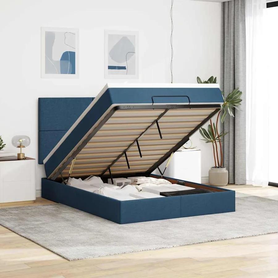 Cadre de lit ottoman avec matelas bleu 140x190 cm tissu