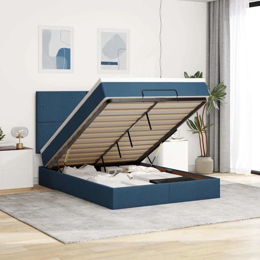Cadre de lit ottoman avec matelas bleu 140x190 cm tissu