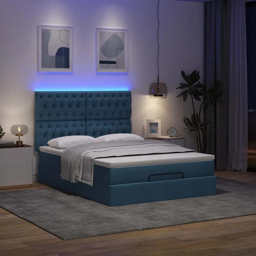 Cadre de lit ottoman avec matelas bleu 140x190 cm tissu - 3