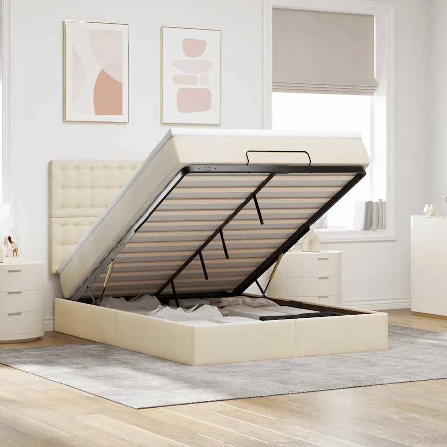 Cadre de lit ottoman avec matelas crème 140x190 cm tissu