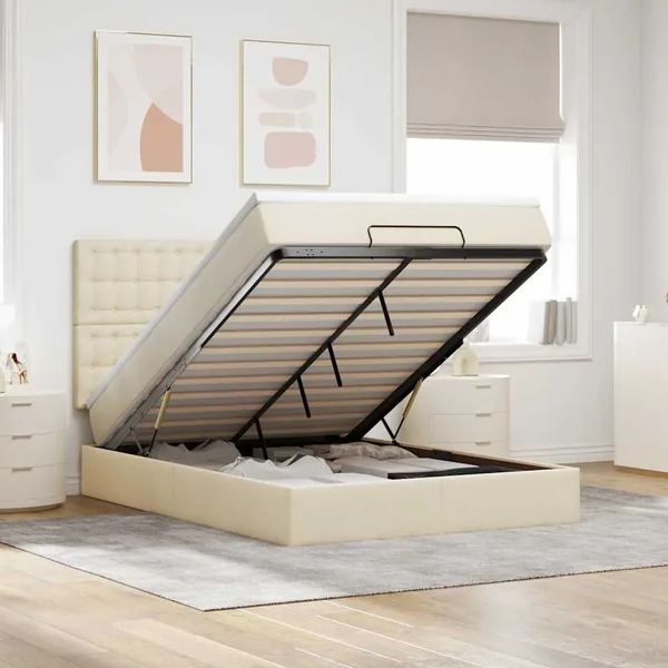 Cadre de lit ottoman avec matelas crème 140x190 cm tissu