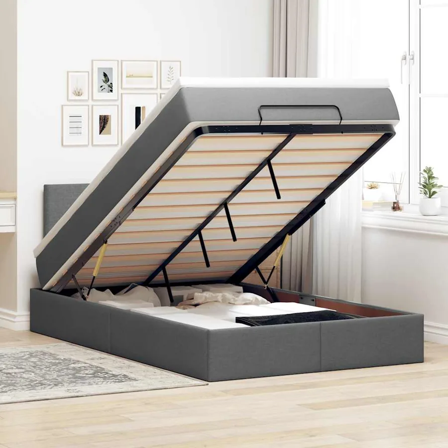 Lit ottoman avec matelas gris foncé 120x190 cm tissu