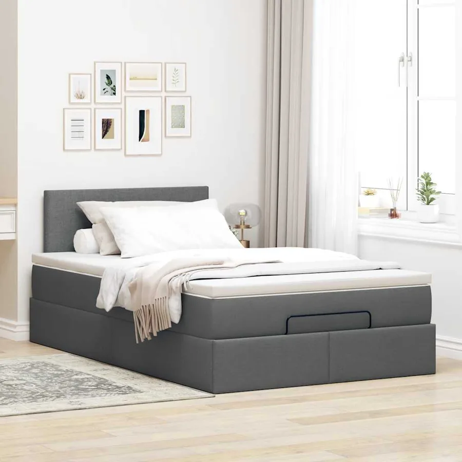 Lit ottoman avec matelas gris foncé 120x190 cm tissu - 3