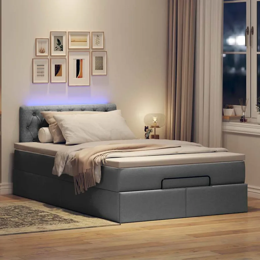 Lit ottoman avec matelas et LED gris foncé 120x190 cm tissu - 3