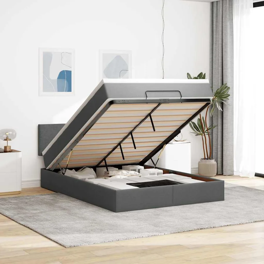 Lit ottoman avec matelas gris foncé 140x200 cm tissu