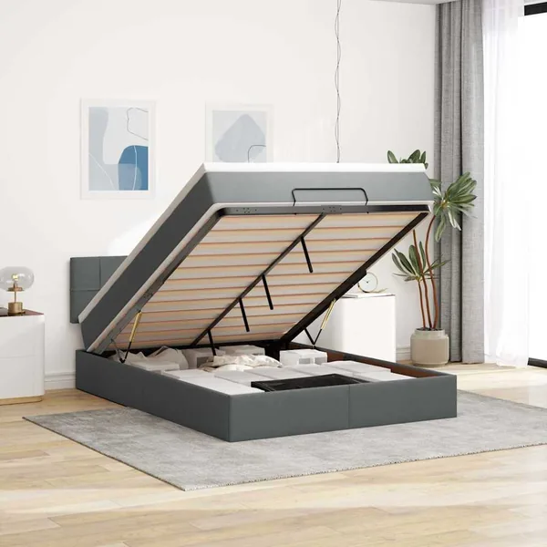 Lit ottoman avec matelas gris foncé 140x200 cm tissu