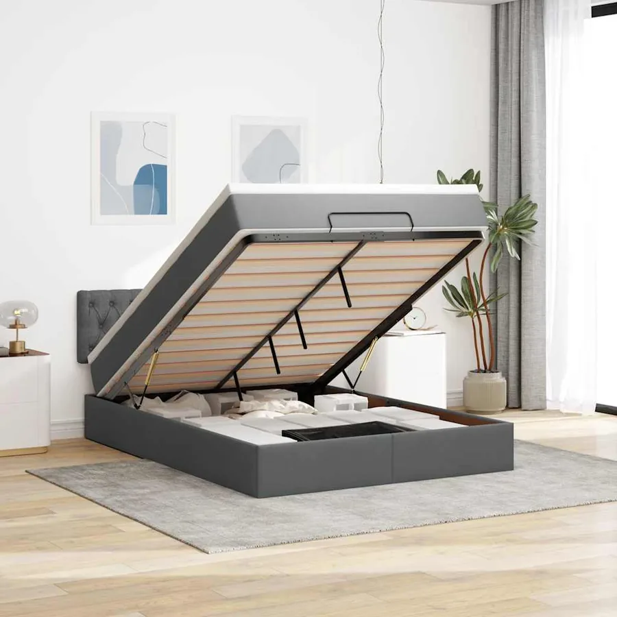 Lit ottoman avec matelas et LED gris foncé 140x200 cm tissu