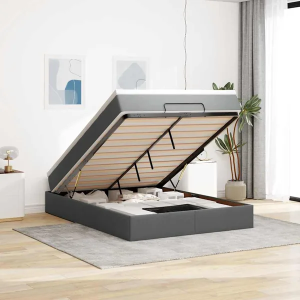 Cadre de lit ottoman avec matelas gris foncé 140x200 cm tissu