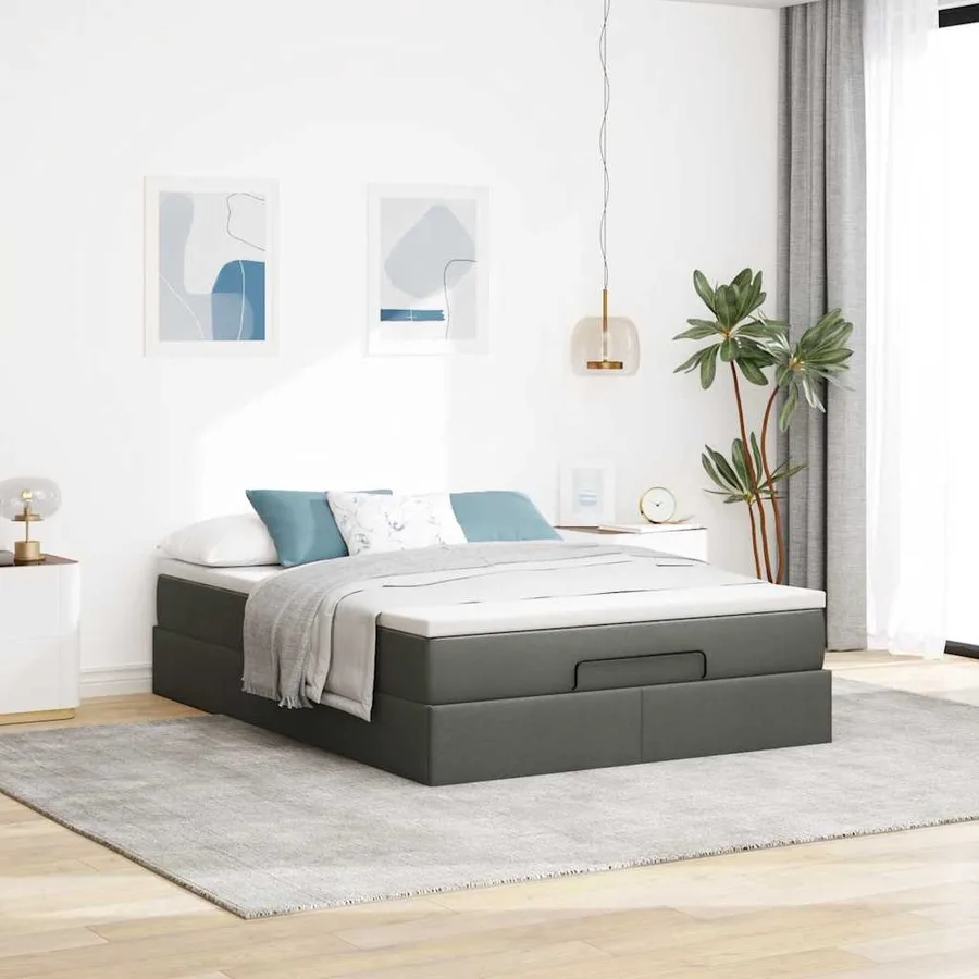 Cadre de lit ottoman avec matelas gris foncé 140x200 cm tissu - 3