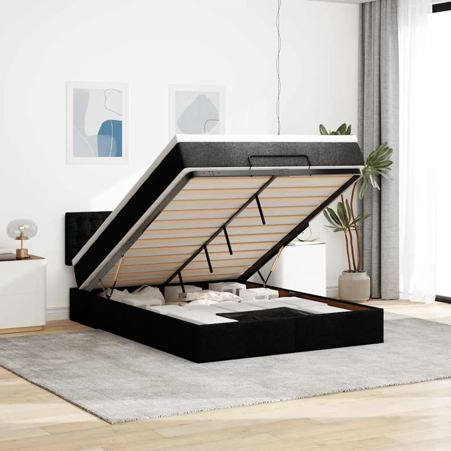 Lit ottoman avec matelas noir 140x200 cm tissu