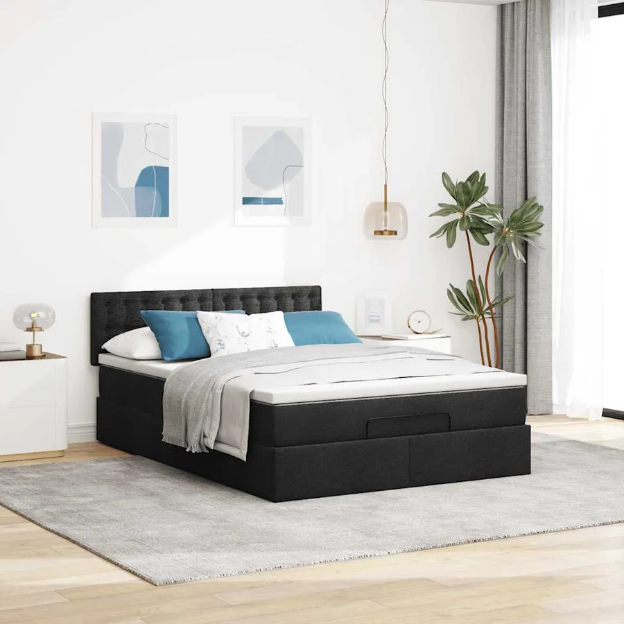 Lit ottoman avec matelas noir 140x200 cm tissu - 3