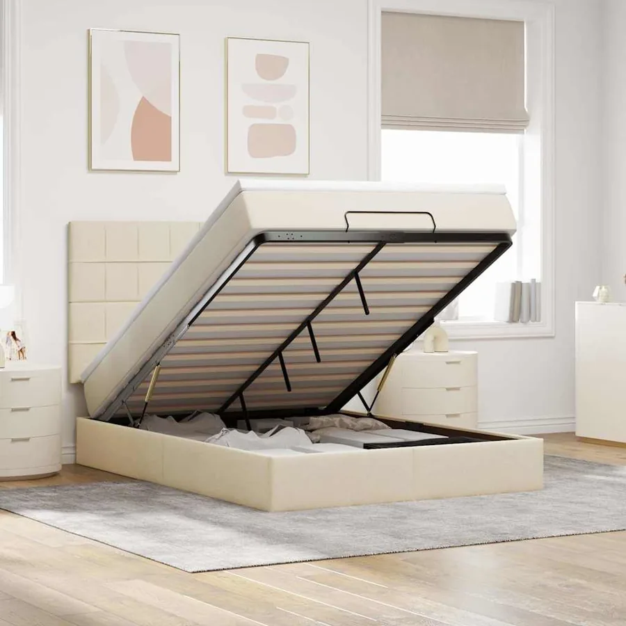 Cadre de lit ottoman avec matelas crème 140x200 cm tissu