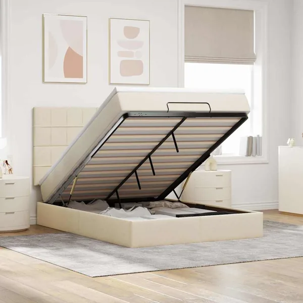 Cadre de lit ottoman avec matelas crème 140x200 cm tissu