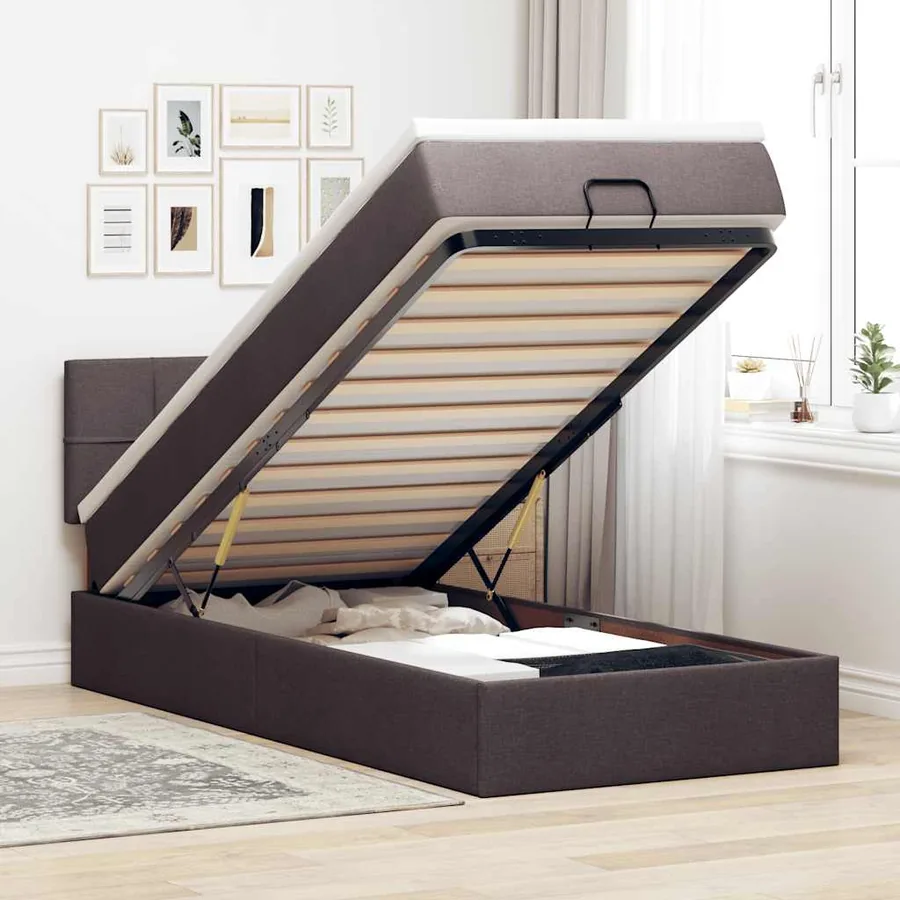 Lit ottoman avec matelas marron foncé 100x200 cm tissu