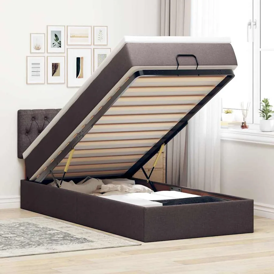 Lit ottoman avec matelas marron foncé 100x200 cm tissu