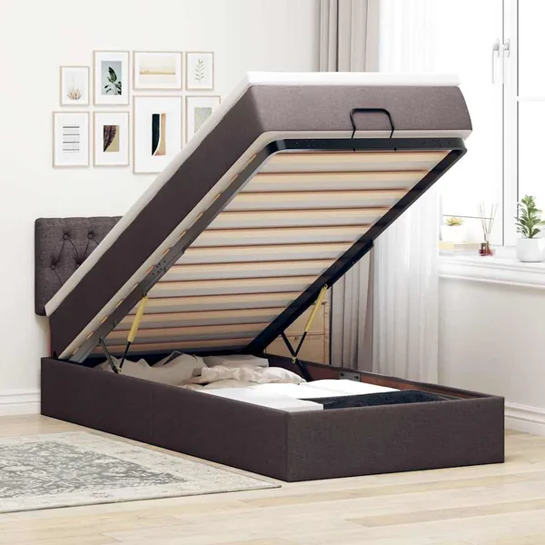 Lit ottoman avec matelas marron foncé 100x200 cm tissu