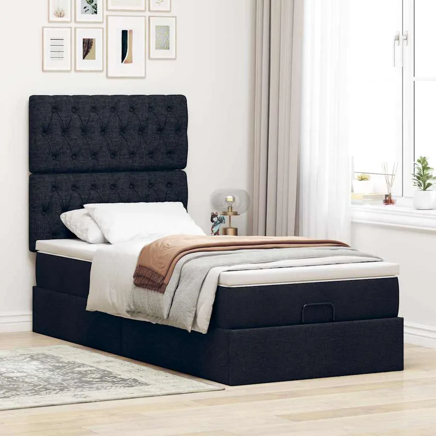 Cadre de lit ottoman avec matelas noir 100x200cm tissu - 4