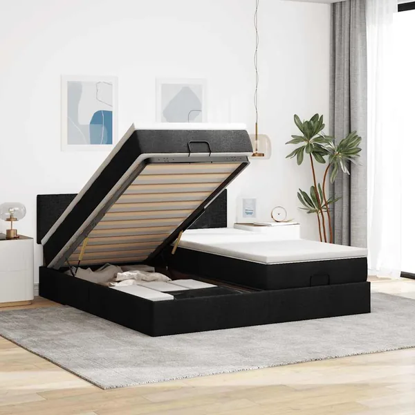 Cadre de lit ottoman avec matelas noir 200x200cm tissu