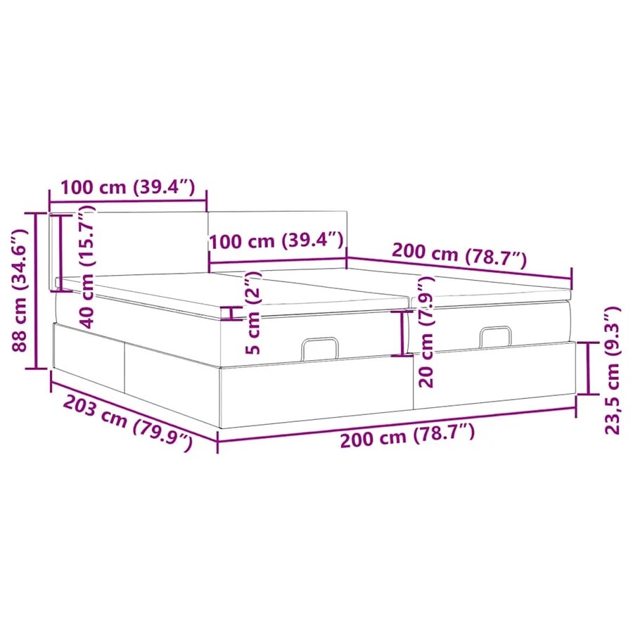 Cadre de lit ottoman avec matelas noir 200x200cm tissu - 17