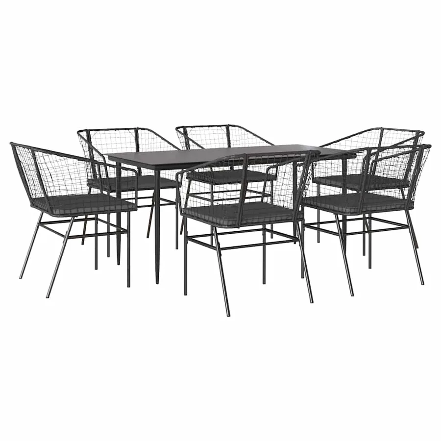 Ensemble à manger de jardin coussins 7pcs noir poly rotin verre - 2