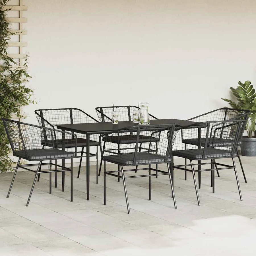 Ensemble à manger de jardin coussins 7pcs noir poly rotin verre - 3