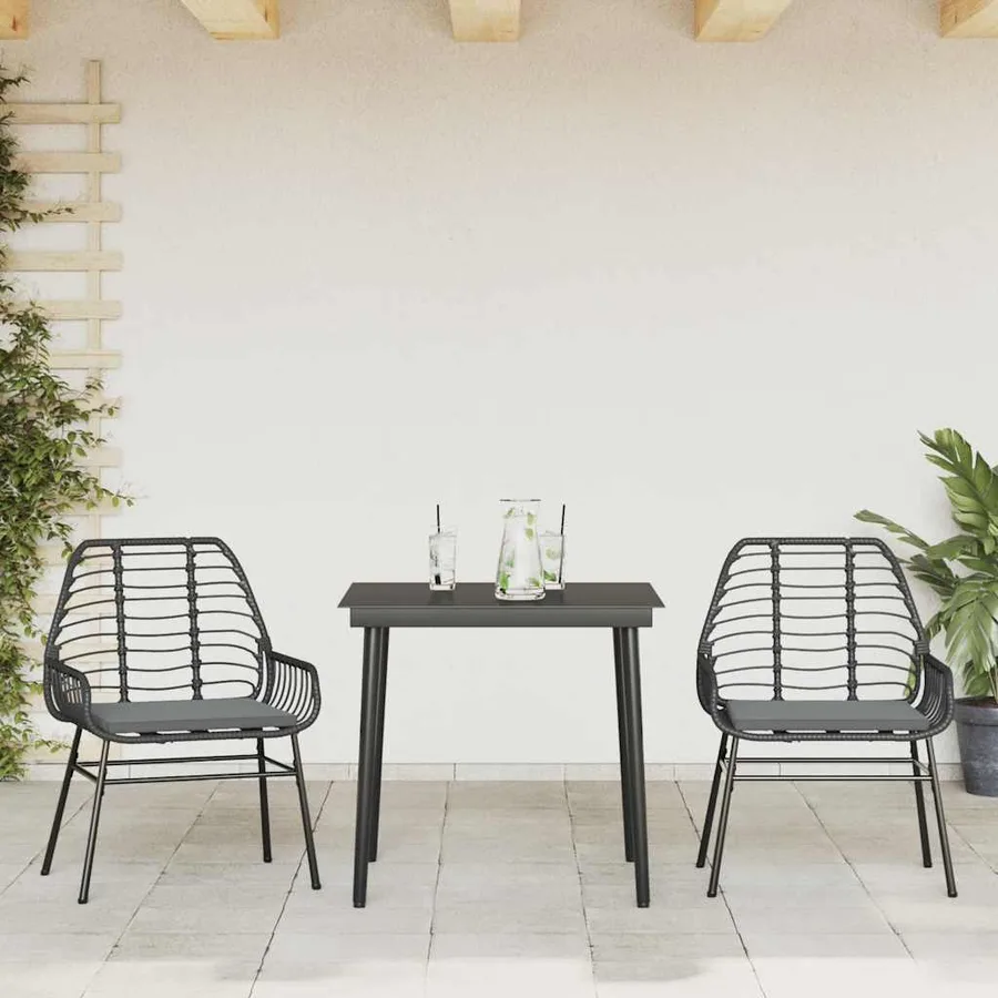 Ensemble à manger de jardin et coussins 3 pcs noir rotin verre - 3