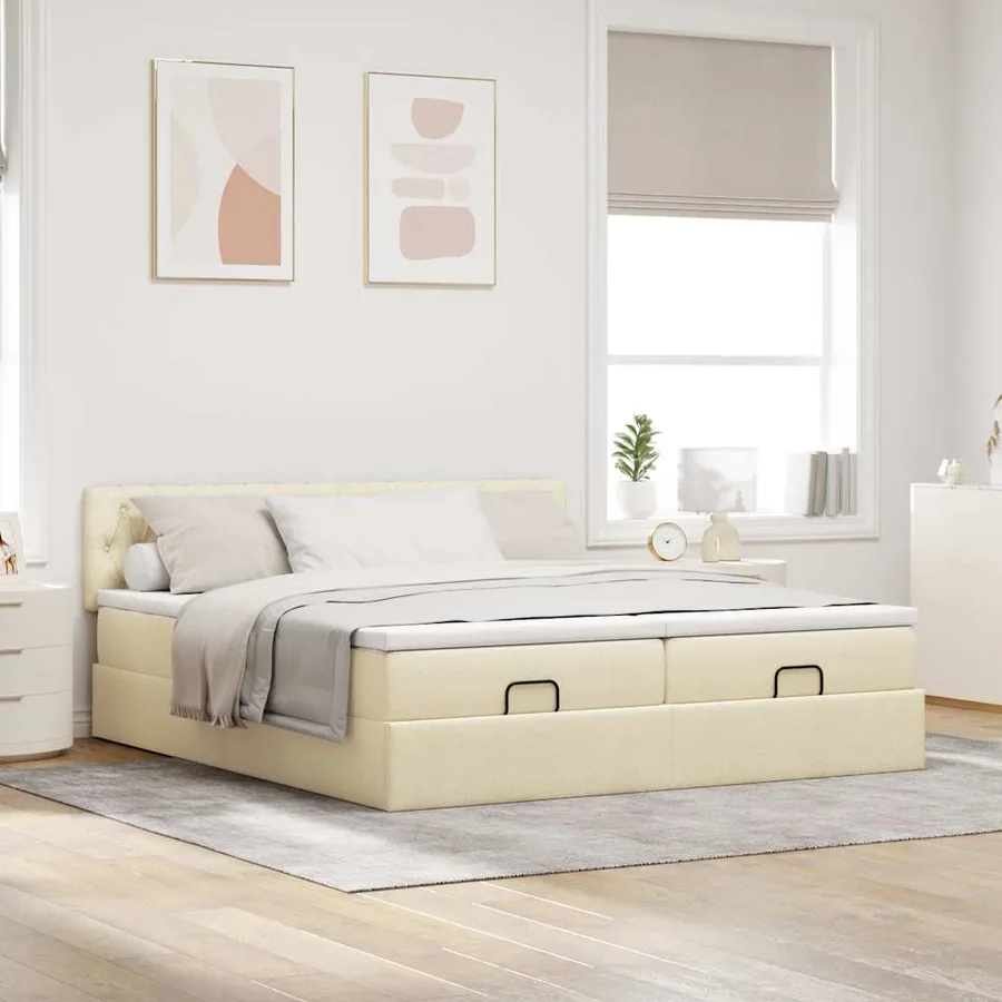 Cadre de lit ottoman avec matelas crème 200x200cm tissu - 3