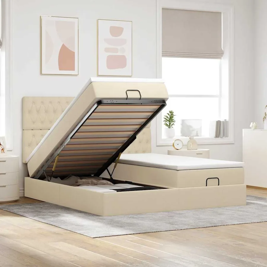 Cadre de lit ottoman avec matelas crème 200x200cm tissu