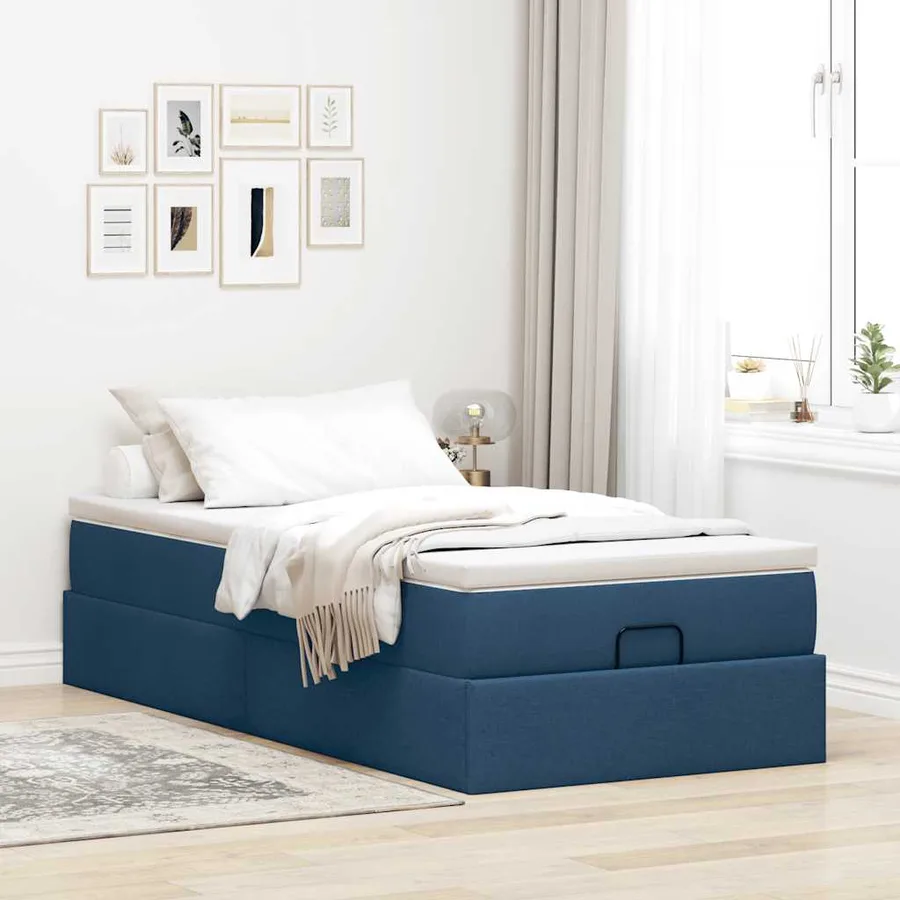 Cadre de lit ottoman avec matelas bleu 100x200 cm tissu - 3