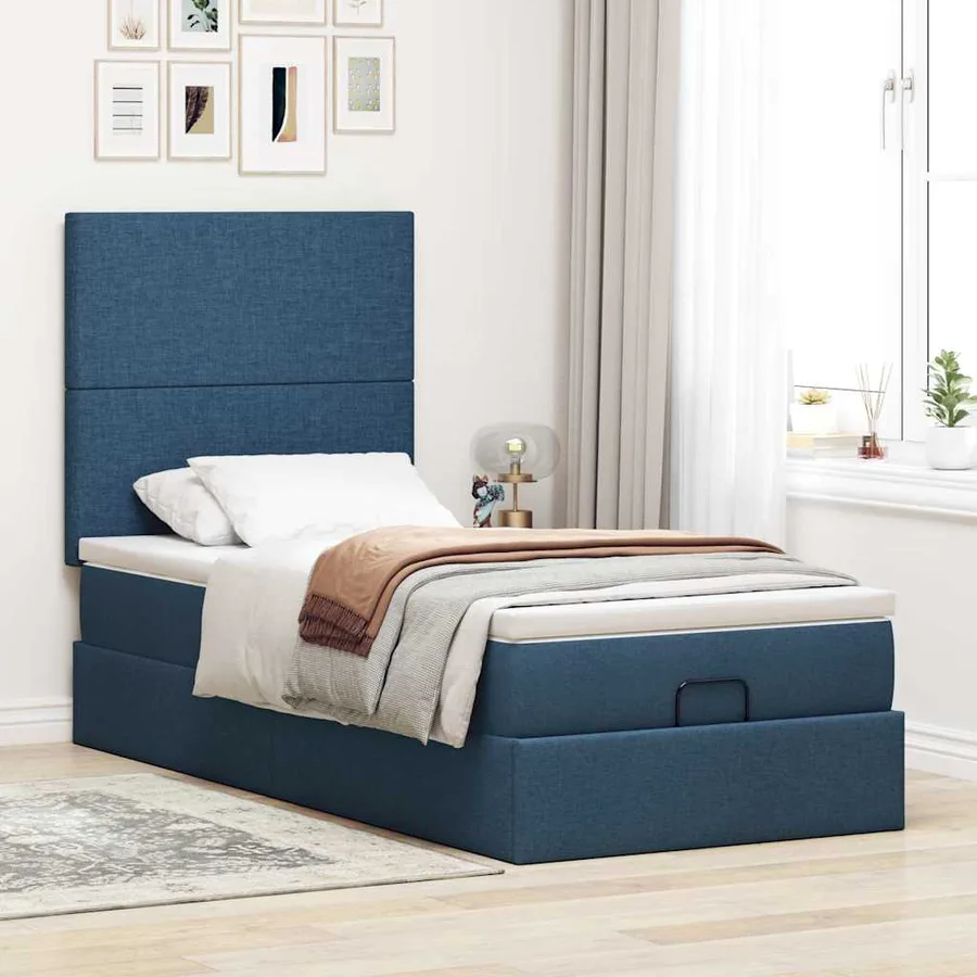 Lit ottoman avec matelas bleu 100x200 cm tissu - 3