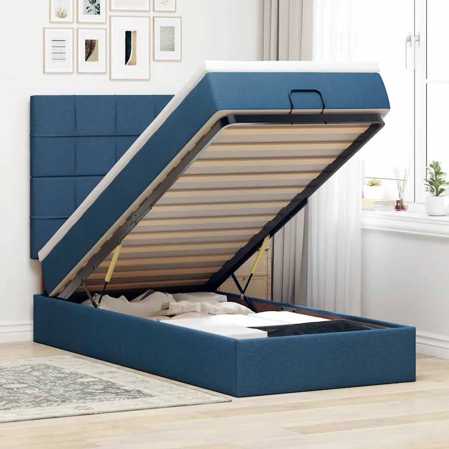 Lit ottoman avec matelas bleu 100x200 cm tissu