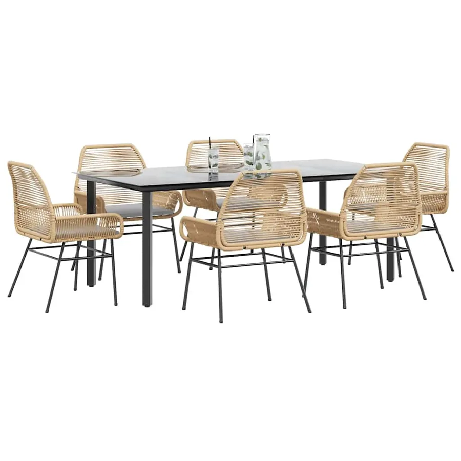 Ensemble à manger jardin coussins 7pcs marron poly rotin verre