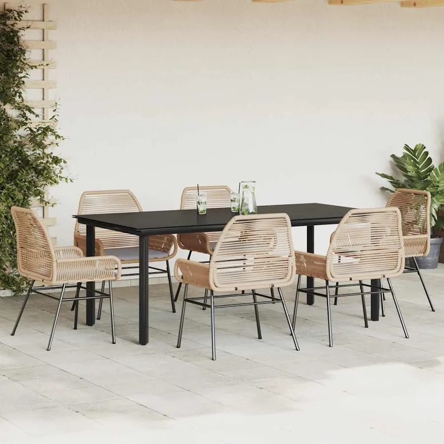 Ensemble à manger jardin coussins 7pcs marron poly rotin verre - 3