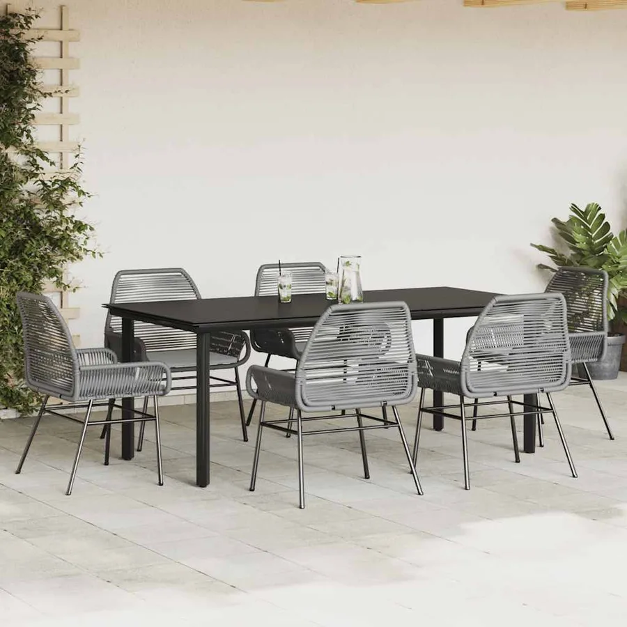 Ensemble à manger jardin coussins 7 pcs gris poly rotin verre - 3