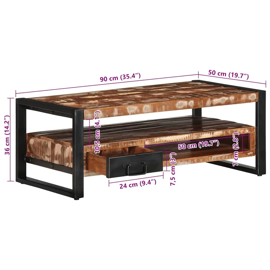 Table basse multicolore 90x50x36 cm bois de récupération massif - 12