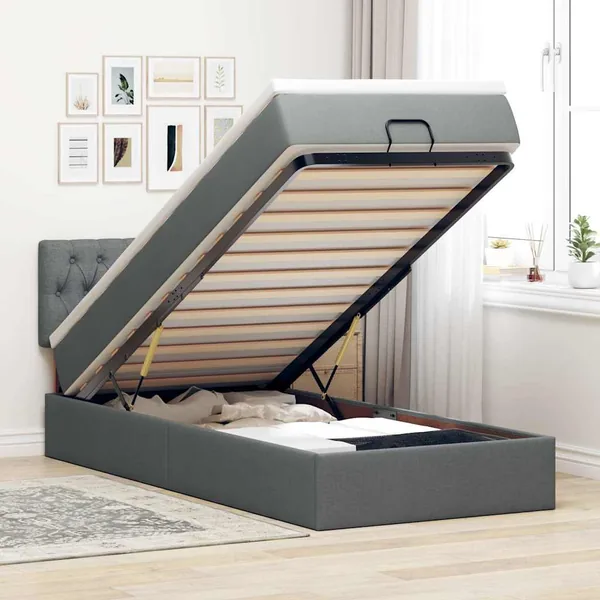 Cadre de lit ottoman avec matelas gris foncé 100x200 cm tissu
