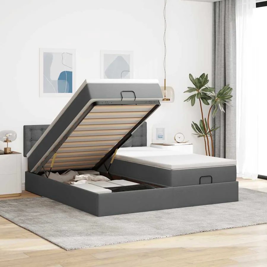 Cadre de lit ottoman avec matelas gris foncé 200x200cm tissu