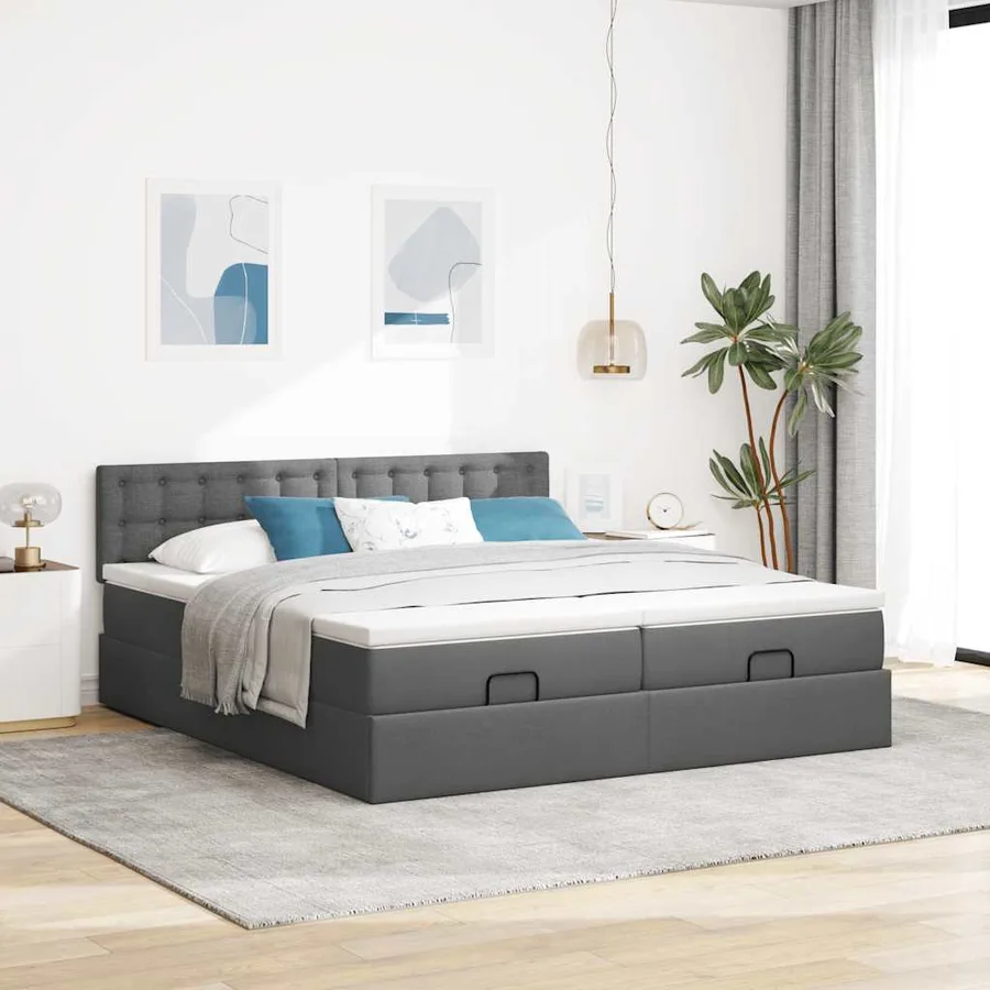 Cadre de lit ottoman avec matelas gris foncé 200x200cm tissu - 3