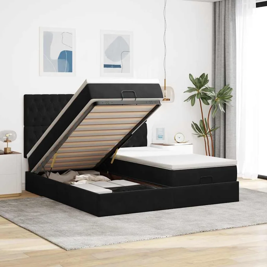 Cadre de lit ottoman avec matelas noir 200x200cm velours
