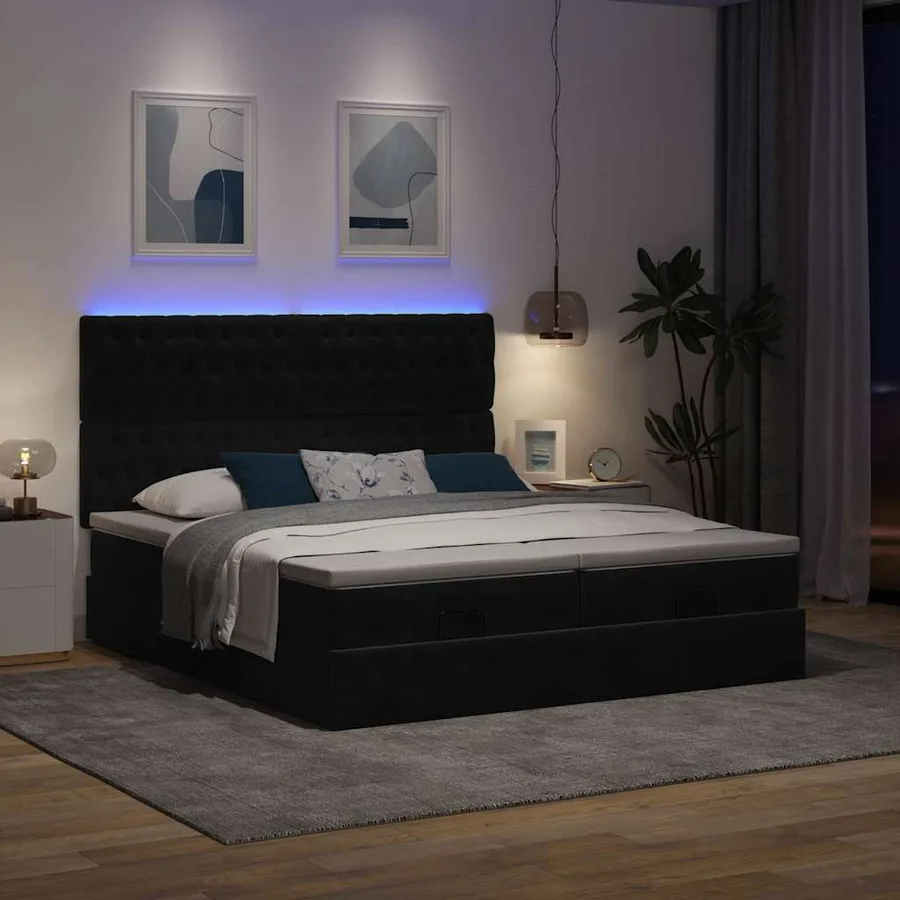 Cadre de lit ottoman avec matelas noir 200x200cm velours - 3