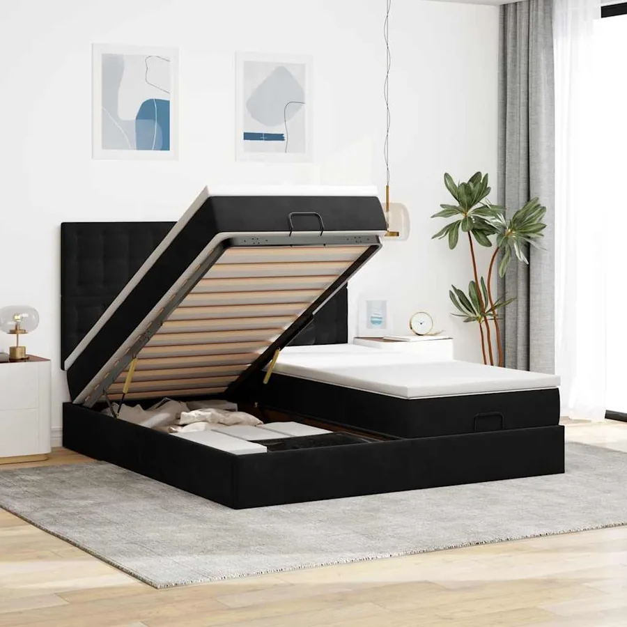 Cadre de lit ottoman avec matelas noir 200x200cm velours