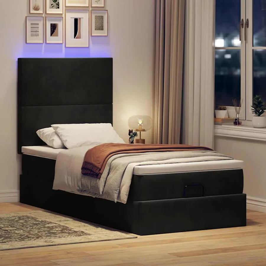 Cadre de lit ottoman avec matelas noir 100x200cm velours - 3