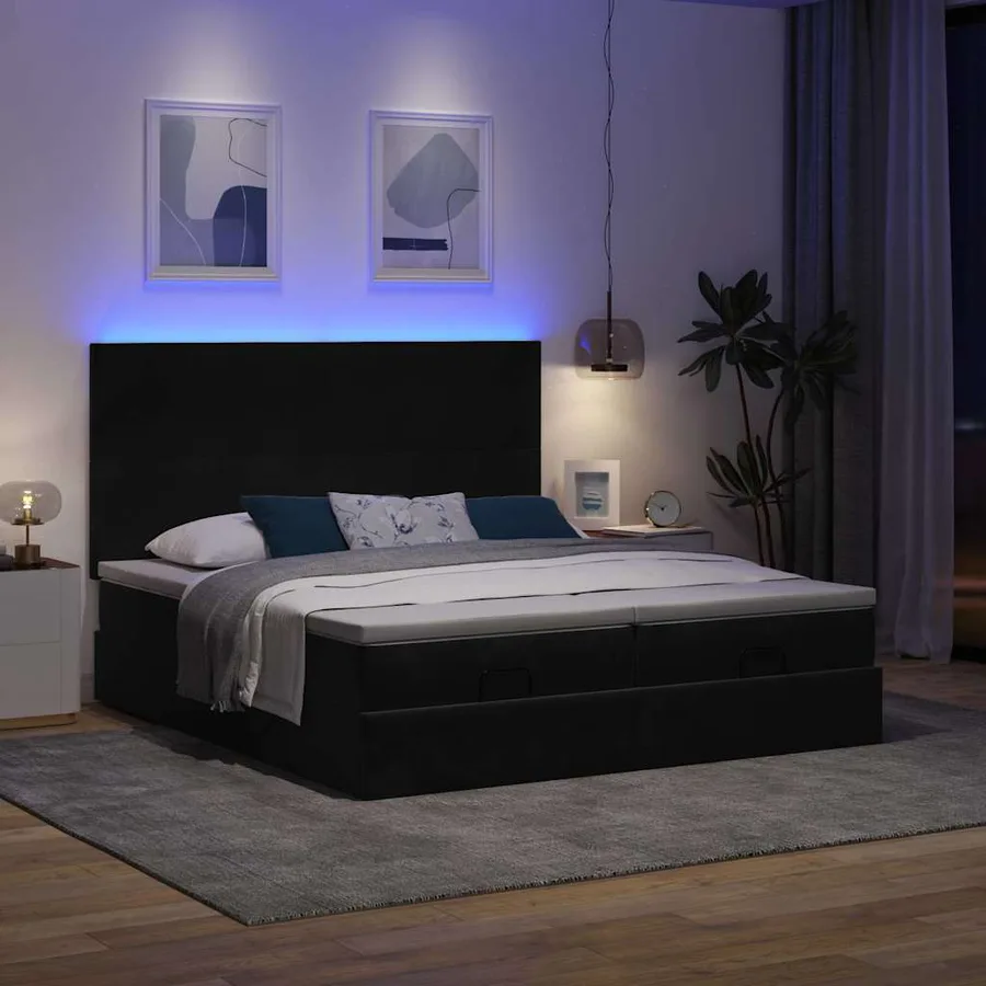 Cadre de lit ottoman avec matelas noir 200x200cm velours - 3