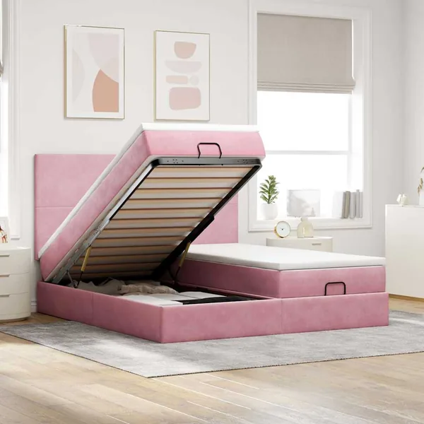 Cadre de lit ottoman avec matelas rose 200x200 cm velours