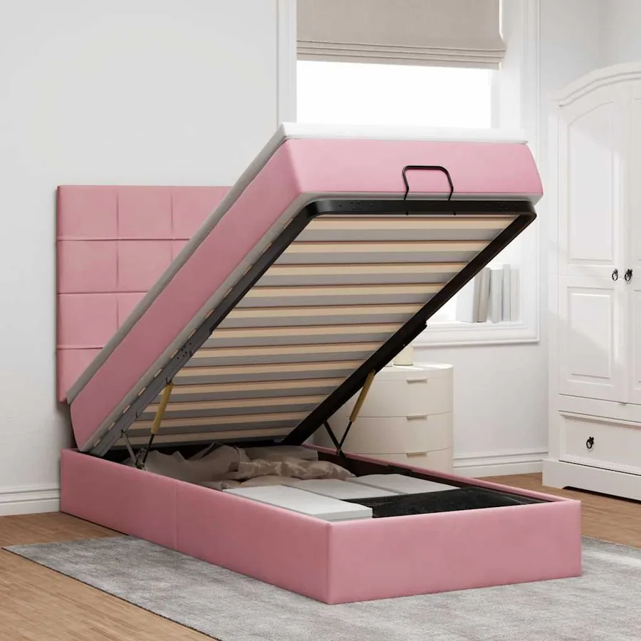 Cadre de lit ottoman avec matelas rose 100x200 cm velours