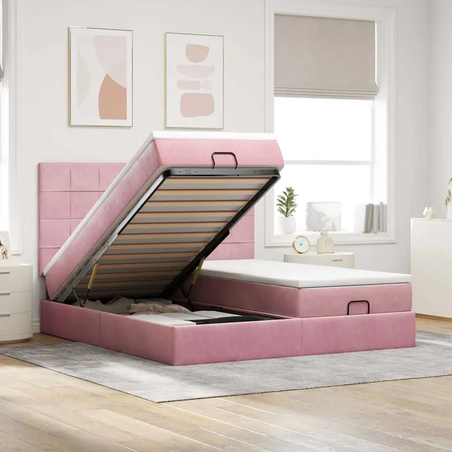 Cadre de lit ottoman avec matelas rose 200x200 cm velours