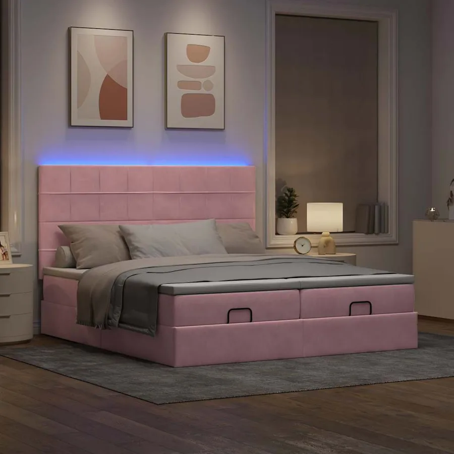 Cadre de lit ottoman avec matelas rose 200x200 cm velours - 3
