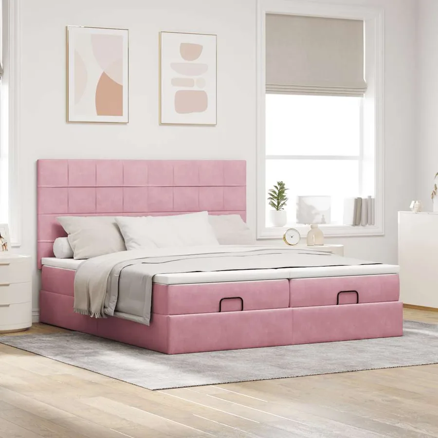 Cadre de lit ottoman avec matelas rose 200x200 cm velours - 4